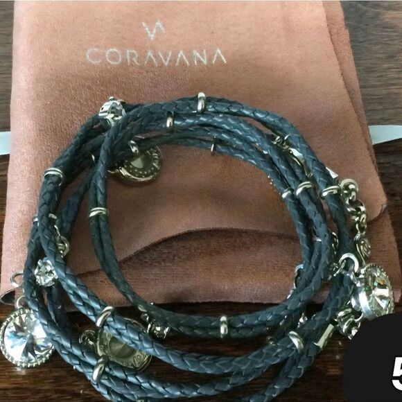 CORAVANA "DAYDREAM" BLACK LEATHER BRACELET W/ SILVER CRYSTAL CHARMS - Picture 8 of 8